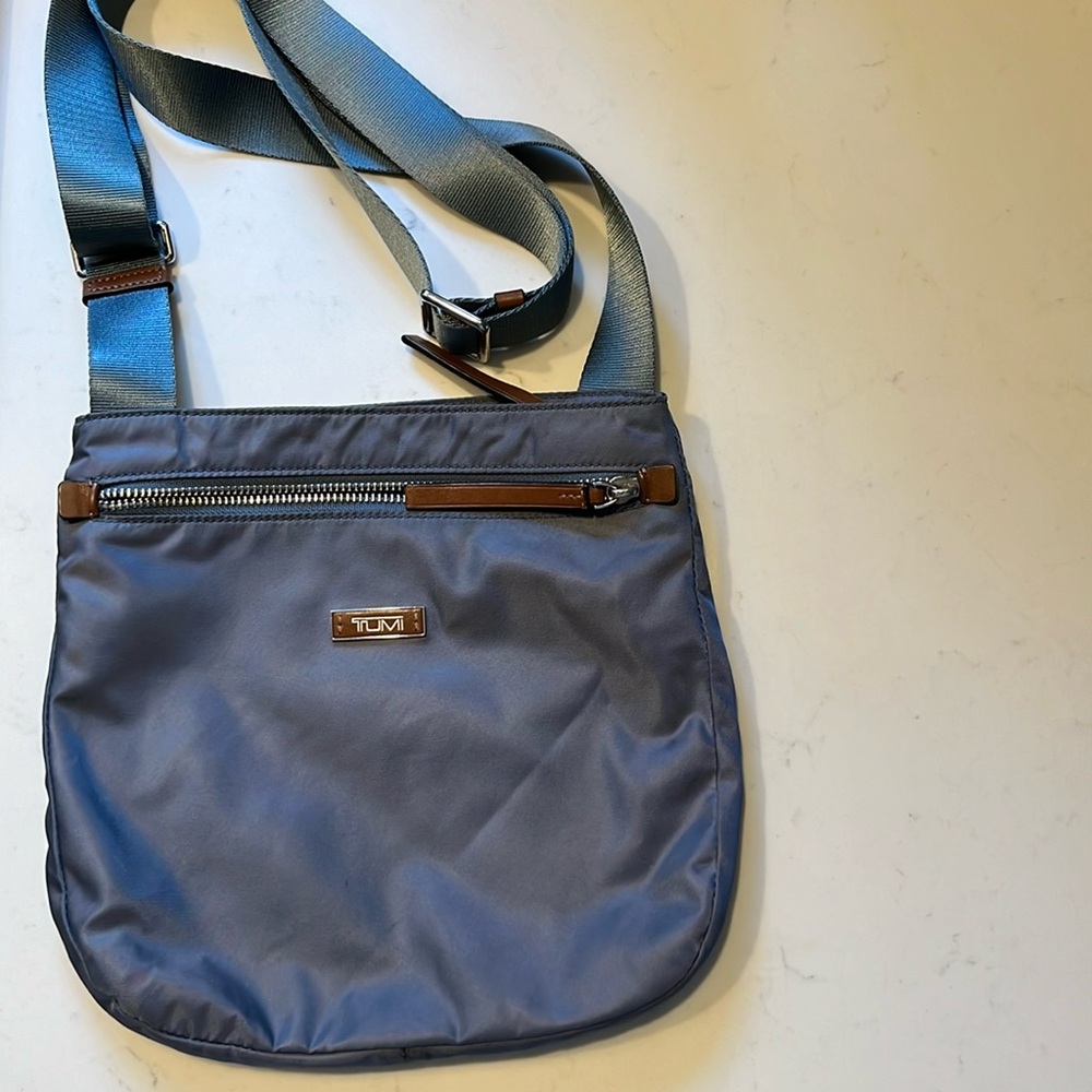 Tumi cross-body bag. Slate blue color. Great condition!